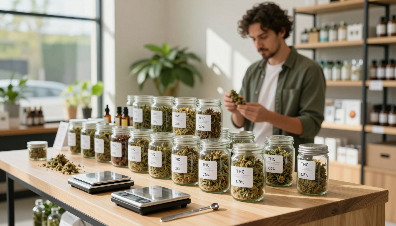 A beautifully arranged display focused on cannabis potency and dosage, featuring clear glass jars filled with various strains labeled with their THC and CBD percentages. In the foreground, a precision scale and measuring tools reflect a careful approach to dosage. In the middle, a professional-looking individual in smart casual attire examines the jars, highlighting the importance of choice. The background showcases a modern, well-lit cannabis dispensary environment with greenery and soft wood accents, creating an inviting atmosphere. Natural light filters through large windows, casting gentle shadows and enhancing the vibrancy of the products. The scene communicates a sense of professionalism and care, aligning with the thoughtful selection of cannabis products. Include subtle branding for "Fellas Dispensary" on product labels and merchandise.