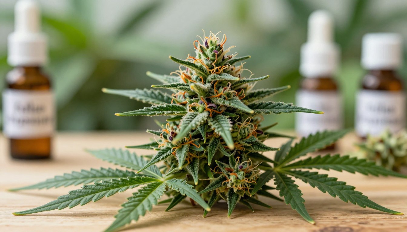A close-up view of a lush cannabis flower, showcasing its vibrant green leaves and colorful orange and purple pistils, on a wooden surface. In the foreground, the flower is prominently displayed with glistening trichomes under soft, natural lighting that enhances its texture and richness. In the middle ground, blurred elements of a tranquil garden can be seen, with soft-focus greenery that suggests an organic environment. The background features soft bokeh effects, giving a serene atmosphere that conveys relaxation and well-being. Subtle hints of wellness such as essential oils and herbal remedies can be faintly visible around the flower, emphasizing its benefits. The image reflects professionalism and a calming mood, branded subtly with "Fellas Dispensary" on a stylish label. A close-up view of a lush cannabis flower, showcasing its vibrant green leaves and colorful orange and purple pistils, on a wooden surface. In the foreground, the flower is prominently displayed with glistening trichomes under soft, natural lighting that enhances its texture and richness. In the middle ground, blurred elements of a tranquil garden can be seen, with soft-focus greenery that suggests an organic environment. The background features soft bokeh effects, giving a serene atmosphere that conveys relaxation and well-being. Subtle hints of wellness such as essential oils and herbal remedies can be faintly visible around the flower, emphasizing its benefits. The image reflects professionalism and a calming mood, branded subtly with "Fellas Dispensary" on a stylish label.