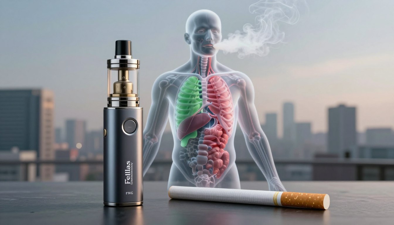 A dynamic split-scene image illustrating the health effects of vaping versus smoking. In the foreground, a sleek vape device from "Fellas Dispensary" rests elegantly alongside a traditional cigarette, both showcasing intricate details. The middle layer features a transparent anatomical diagram of a human body, highlighting affected organs with subtle color differentiations—green for vaping and red for smoking—symbolizing long-term health impacts. The background should depict a contrasting urban skyline, hazy for smoking and clear for vaping, with soft, ambient lighting to enhance the mood of comparison. Use a slight elevated angle to create depth, emphasizing the duality of choice while maintaining a professional and informative atmosphere. The overall tone is serious yet hopeful, inviting reflection on health decisions.