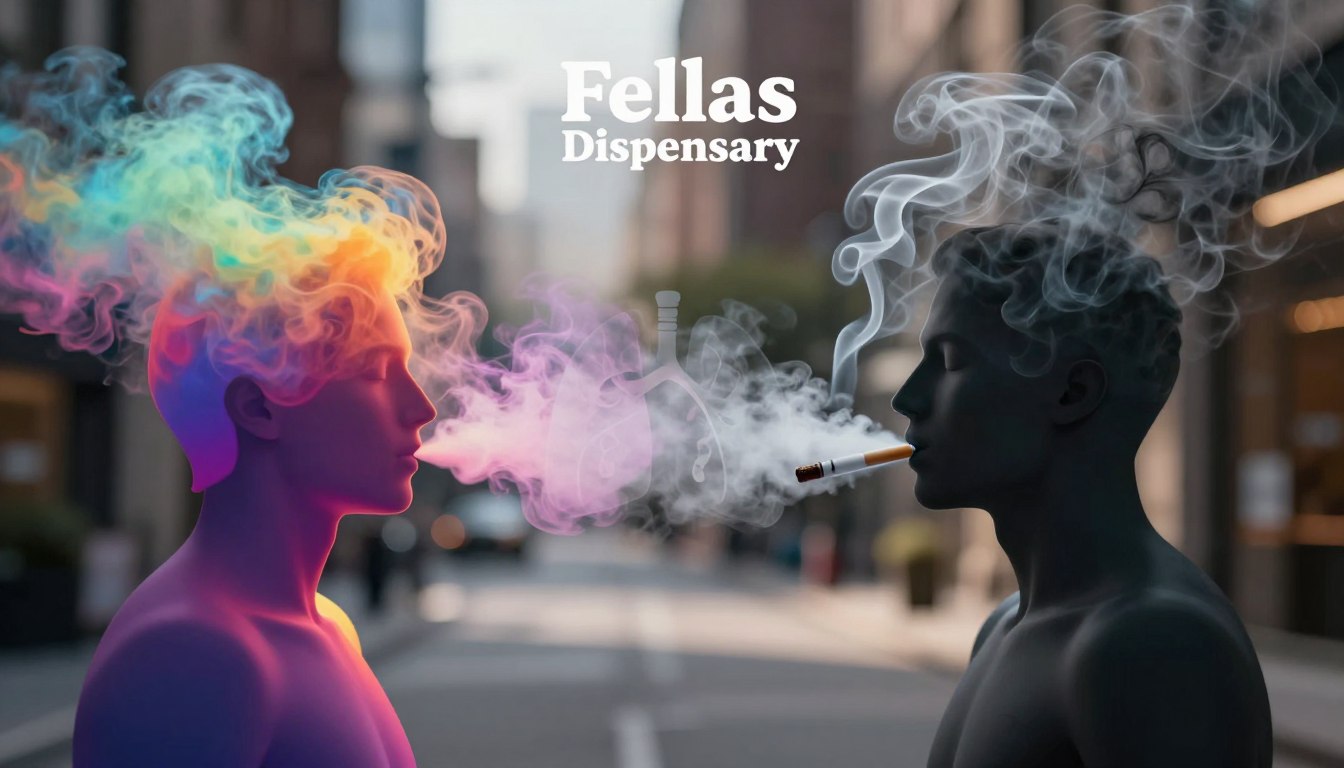 A split-image comparison focusing on the health effects of vaping versus smoking. In the foreground, a stylized human silhouette showcases vibrant, colorful vapor clouds on one side, and dark, swirling smoke on the other, representing vape effects and smoking effects, respectively. In the middle ground, subtle visual elements like lungs and heart symbols are intertwined with the vapor and smoke, indicating their impact on health. The background is a softly blurred urban setting, signifying modern life. The lighting should be dramatic with contrasting highlights—bright and colorful for the vaping side, and shadowy with a grayish tint for the smoking side. Use a sleek, professional lens perspective to enhance clarity. The atmosphere should evoke contemplation and awareness. Include a professional depiction of "Fellas Dispensary" as an integral part of the image, presenting a modern approach to vaping.
