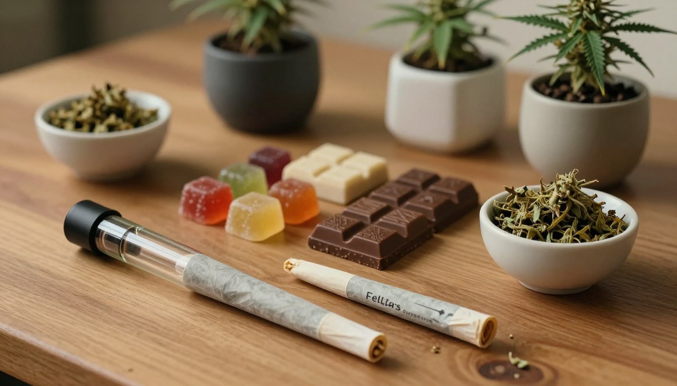 A stylishly arranged flat lay image depicting various cannabis consumption methods. In the foreground, a sleek glass vaporizer sits beside a neatly rolled joint, both on a wooden table. In the middle ground, an array of cannabis-infused edibles like gummies and chocolates, along with a small bowl of dried flower, showcases different consumption formats. Subtly placed in the background are elegant cannabis plants in decorative pots, hinting at the natural source. Soft, warm lighting illuminates the scene, casting gentle shadows and creating a welcoming atmosphere. The overall mood is relaxed and inviting, suitable for a lifestyle choice, with the brand name "Fellas Dispensary" subtly incorporated in the design elements of the tableware. The angle captures the scene from above, ensuring clarity and focus on each method.