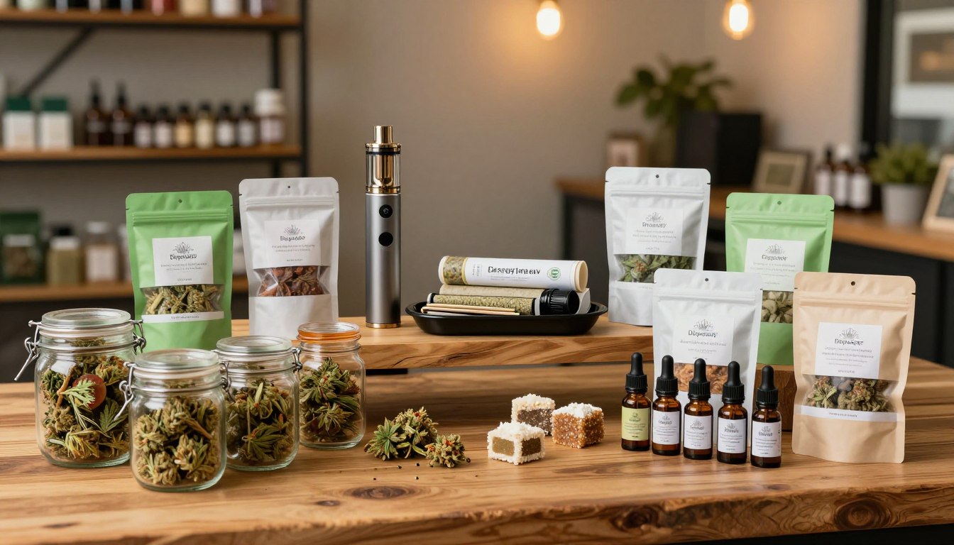 A vibrant and inviting display of various cannabis products set on a rustic wooden table. In the foreground, neatly arranged items include glass jars filled with colorful cannabis buds, an assortment of edibles in attractive packaging, and cannabis oil dropper bottles. The middle layer features a sleek, elegant vaporizer alongside a stylish rolling tray with rolling papers and accessories. The background reveals a blurred view of a cozy, modern dispensary with warm lighting that creates a calming atmosphere. The lighting is soft and diffused, with shadows subtly enhancing the shapes of the products. Emphasize the brand name "Fellas Dispensary" subtly visible on some packaging, contributing to a professional and curated feel. The overall mood is friendly and informative, capturing the essence of exploring different types of cannabis products.