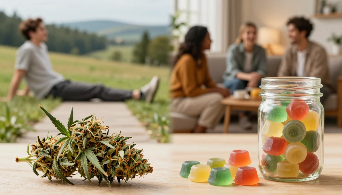 A visually engaging comparison image illustrating the effects of THC between cannabis flower and edibles. In the foreground, place a vibrant, high-quality cannabis flower bud, showcasing its rich colors and trichomes, with a small mason jar containing colorful, neatly arranged edible gummies beside it. In the middle, depict two contrasting paths, one leading from the flower to a calm, relaxed individual enjoying nature, and the other from the edibles to a cozy living room scene with friends laughing together. The background should feature a soft-focus landscape merging both scenes, suggesting the versatility of use. Opt for warm, inviting lighting that enhances the details, with a slight depth of field to draw attention to the products. Create a friendly atmosphere, emphasizing the relaxed vibe associated with both flower and edibles. Include elements or branding subtly reflecting "Fellas Dispensary" in a professional manner. A visually engaging comparison image illustrating the effects of THC between cannabis flower and edibles. In the foreground, place a vibrant, high-quality cannabis flower bud, showcasing its rich colors and trichomes, with a small mason jar containing colorful, neatly arranged edible gummies beside it. In the middle, depict two contrasting paths, one leading from the flower to a calm, relaxed individual enjoying nature, and the other from the edibles to a cozy living room scene with friends laughing together. The background should feature a soft-focus landscape merging both scenes, suggesting the versatility of use. Opt for warm, inviting lighting that enhances the details, with a slight depth of field to draw attention to the products. Create a friendly atmosphere, emphasizing the relaxed vibe associated with both flower and edibles. Include elements or branding subtly reflecting "Fellas Dispensary" in a professional manner.
