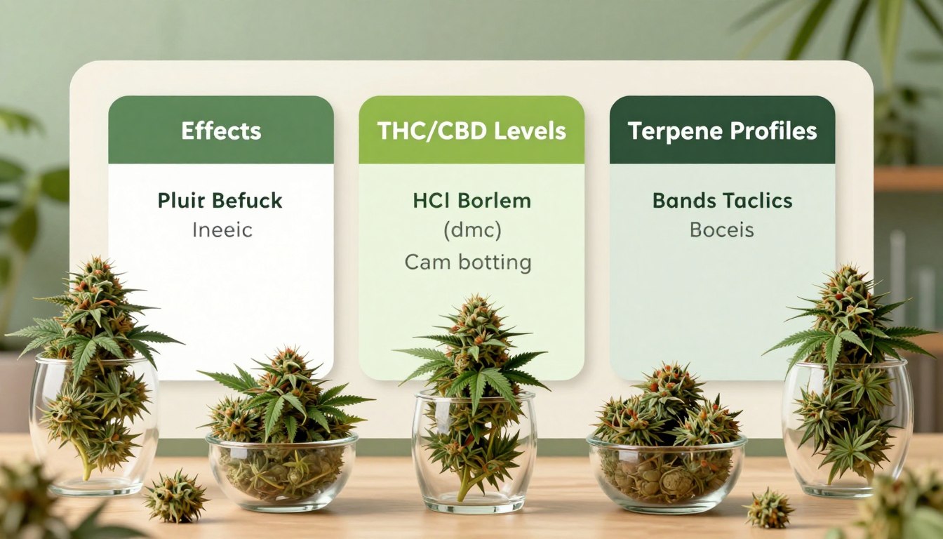A visually engaging illustration of cannabis selection criteria, featuring a dynamic layout with a foreground of various cannabis strains displayed in elegant glass containers, showcasing their distinct colors and textures. In the middle ground, an organized table lists criteria such as "Effects," "THC/CBD Levels," and "Terpene Profiles" on stylish cards, all set in a serene, professional environment. The background includes subtle greenery, creating a calming atmosphere, and soft natural lighting illuminating the scene, reminiscent of a cozy dispensary setting. The image conveys a sense of informed decision-making, reflecting the brand "Fellas Dispensary" through high-quality presentation without any text or watermarks.